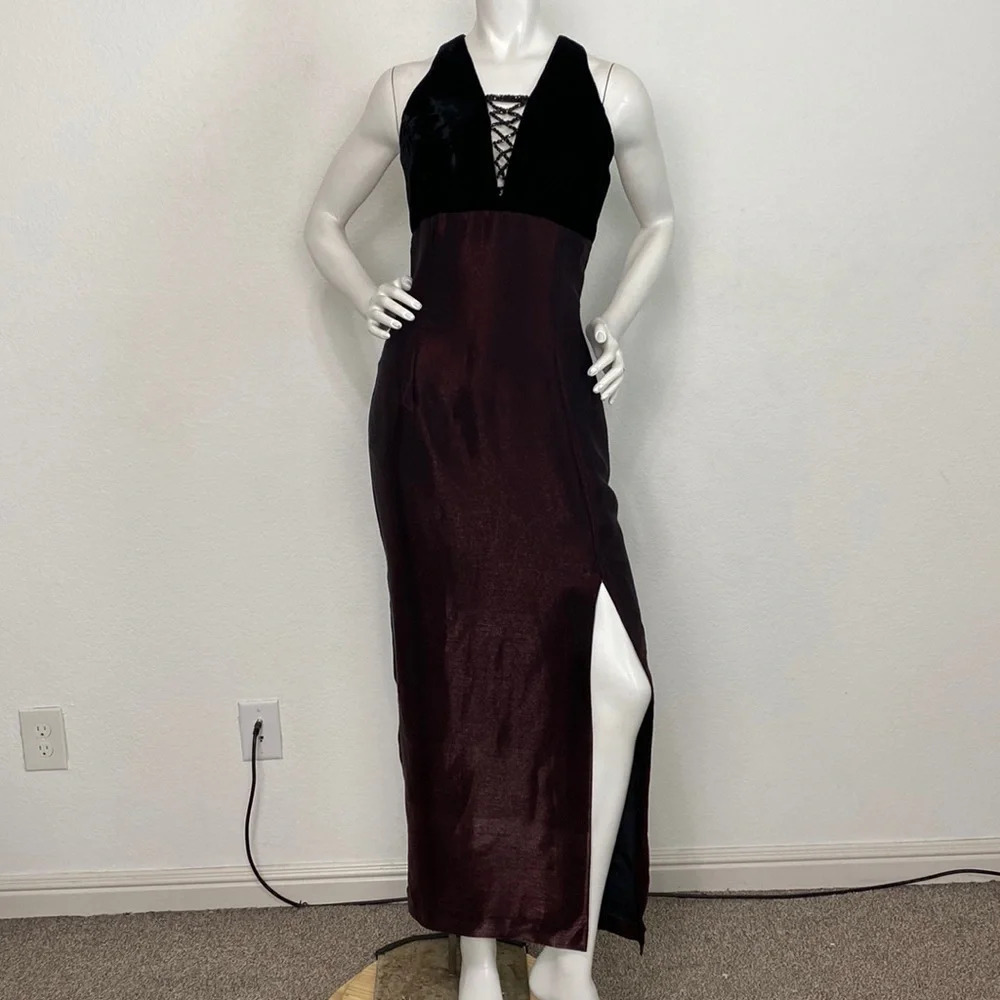 Jessica McClintock Vintage Burgundy & Black Velvet Formal Prom Maxi Dress Size 9